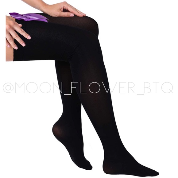 Black and Purple Satin Bow Thigh High Stockings - Picture 2 of 3